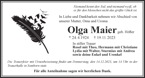 Traueranzeige von Olga Maier von Gelnhäuser Neue Zeitung