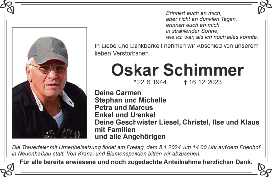 Traueranzeige von Oskar Schimmer von Mittelhessen-Bote