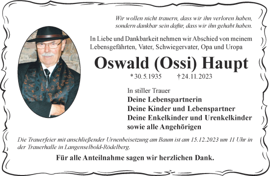 Traueranzeige von Oswald Haupt von Mittelhessen-Bote