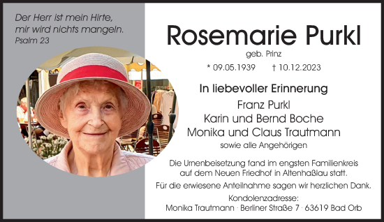 Traueranzeige von Rosemarie Purkl von Gelnhäuser Neue Zeitung