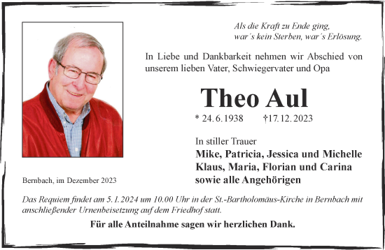 Traueranzeige von Theo Aul von Gelnhäuser Neue Zeitung