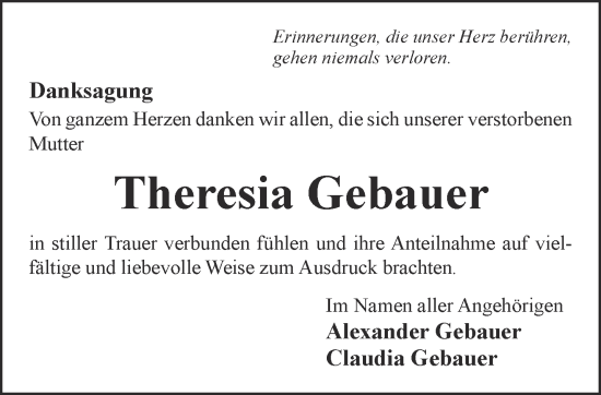 Traueranzeige von Theresia Gebauer von Gelnhäuser Neue Zeitung