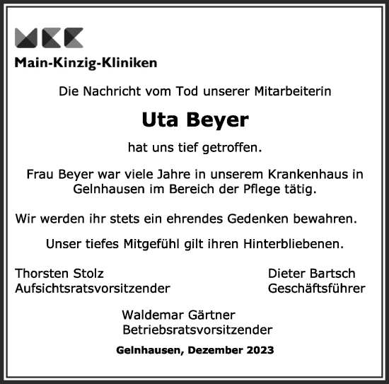 Traueranzeige von Uta Beyer von Gelnhäuser Neue Zeitung