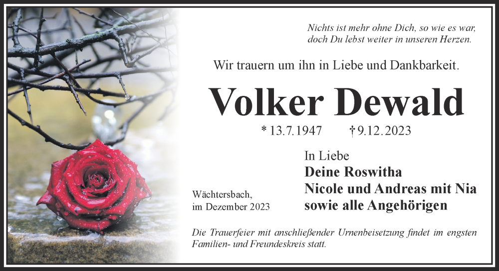 Traueranzeige für Volker Dewald vom 16.12.2023 aus Gelnhäuser Neue Zeitung