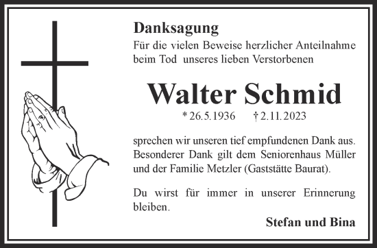 Traueranzeige von Walter Schmid von Gelnhäuser Neue Zeitung