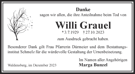 Traueranzeige von Willi Grauel von Gelnhäuser Neue Zeitung