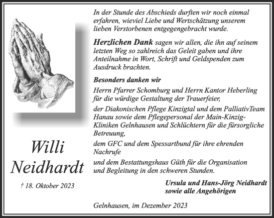 Traueranzeige von Willi Neidhardt von Gelnhäuser Neue Zeitung