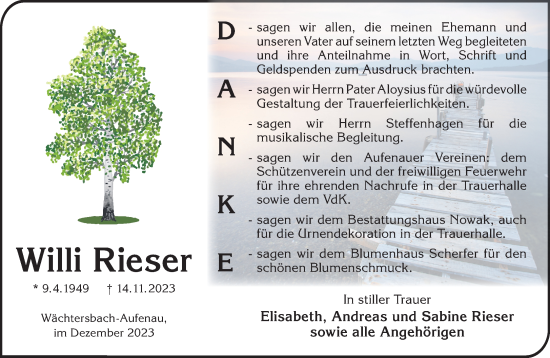 Traueranzeige von Willi Rieser von Gelnhäuser Neue Zeitung