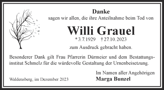 Traueranzeige von Willi Grauel  von Mittelhessen-Bote