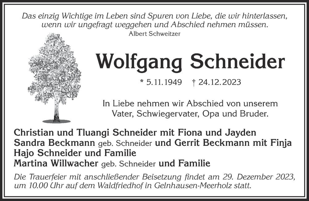  Traueranzeige für Wolfgang Schneider vom 28.12.2023 aus Gelnhäuser Neue Zeitung