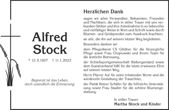 Traueranzeige von Alfred Stock von Gelnhäuser Neue Zeitung