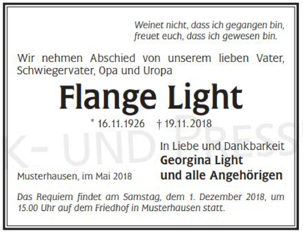  Traueranzeige für Flange Light vom 27.10.2018 aus GELNHÄUSER NEUE ZEITUNG