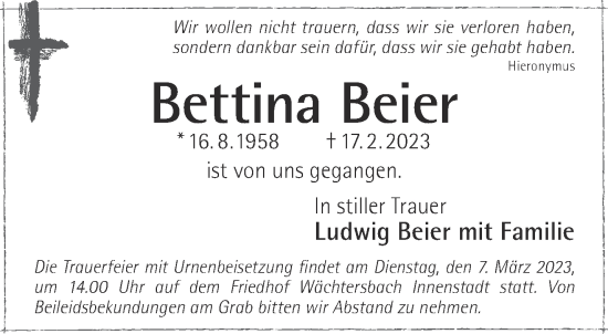 Traueranzeige von Bettina Beier von Gelnhäuser Neue Zeitung