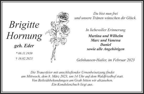 Traueranzeige von Brigitte Hornung von Gelnhäuser Neue Zeitung