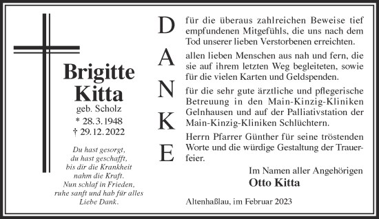 Traueranzeige von Brigitte Kitta von Gelnhäuser Neue Zeitung