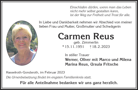 Traueranzeige von Carmen Reus von Gelnhäuser Neue Zeitung