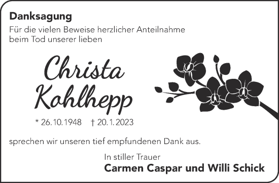 Traueranzeige von Christa Kohlhepp von Gelnhäuser Neue Zeitung