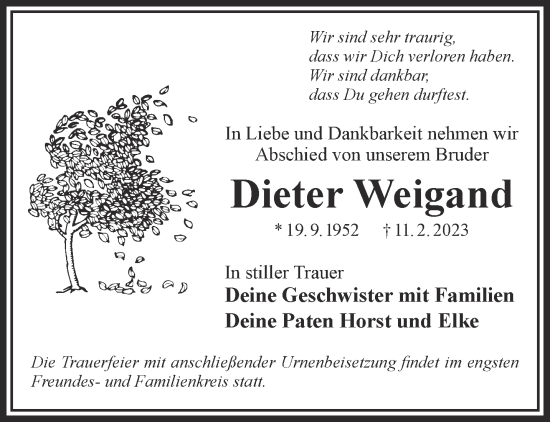 Traueranzeige von Dieter Weigand von Gelnhäuser Neue Zeitung