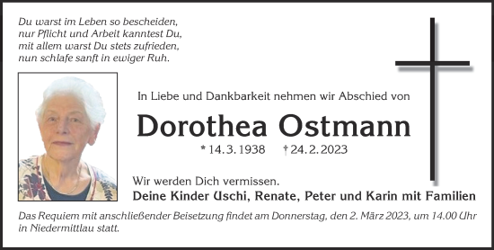 Traueranzeige von Dorothea Ostmann von Gelnhäuser Neue Zeitung