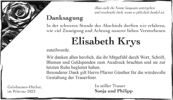 Traueranzeige von Elisabeth Krys von Gelnhäuser Neue Zeitung