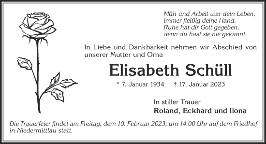 Traueranzeige von Elisabeth Schüll von Gelnhäuser Neue Zeitung