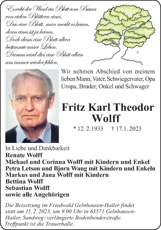 Traueranzeige von Fritz Karl Theodor Wolff von Gelnhäuser Neue Zeitung