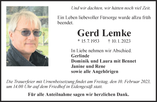 Traueranzeige von Gerd Lemke von Gelnhäuser Neue Zeitung