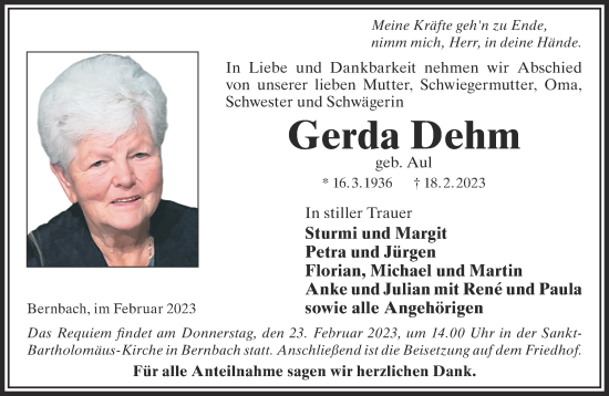 Traueranzeige von Gerda Dehm von Gelnhäuser Neue Zeitung