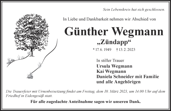 Traueranzeige von Günther Wegmann von Gelnhäuser Neue Zeitung