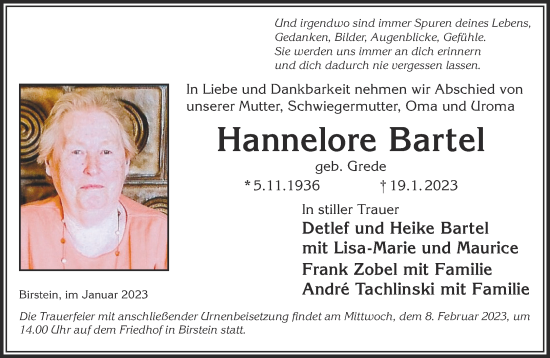 Traueranzeige von Hannelore Bartel von Gelnhäuser Neue Zeitung