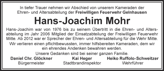 Traueranzeige von Hans-Joachim Mohr von Mittelhessen-Bote