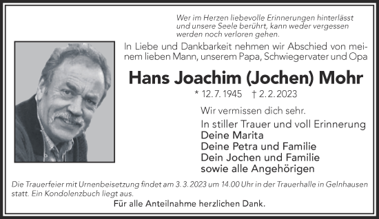 Traueranzeige von Hans Joachim Mohr von Gelnhäuser Neue Zeitung