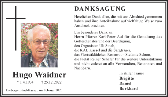 Traueranzeige von Hugo Waidner von Gelnhäuser Neue Zeitung