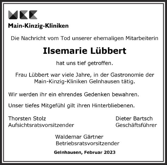 Traueranzeige von Ilsemarie Lübbert von Gelnhäuser Neue Zeitung
