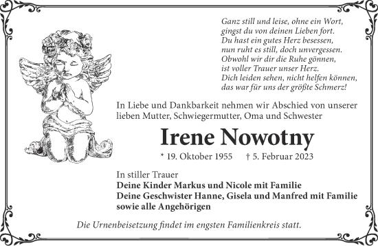 Traueranzeige von Irene Nowotny von Gelnhäuser Neue Zeitung