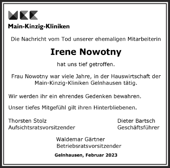 Traueranzeige von Irene Nowotny von Gelnhäuser Neue Zeitung
