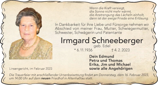 Traueranzeige von Irmgard Schneeberger von Gelnhäuser Neue Zeitung
