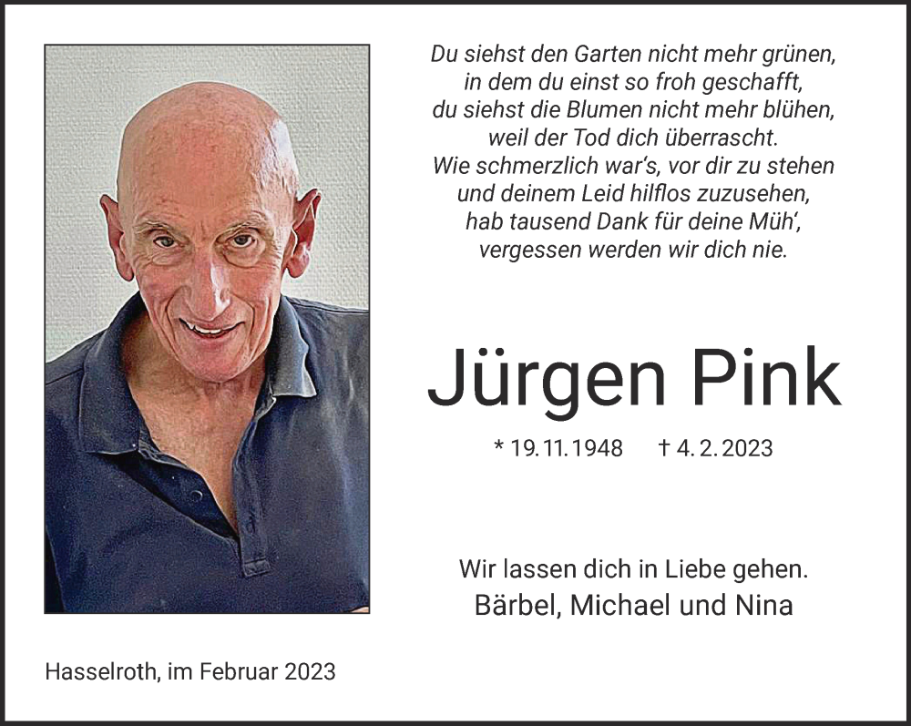  Traueranzeige für Jürgen Pink vom 11.02.2023 aus Gelnhäuser Neue Zeitung