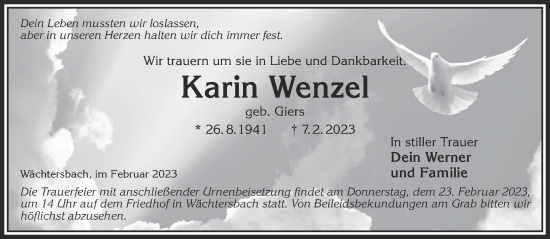 Traueranzeige von Karin Wenzel von Gelnhäuser Neue Zeitung