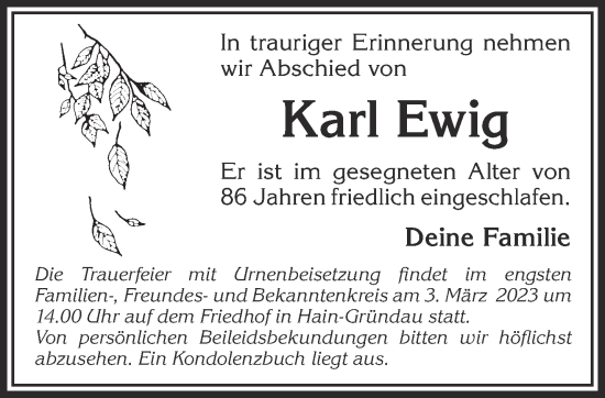 Traueranzeige von Karl Ewig von Mittelhessen-Bote