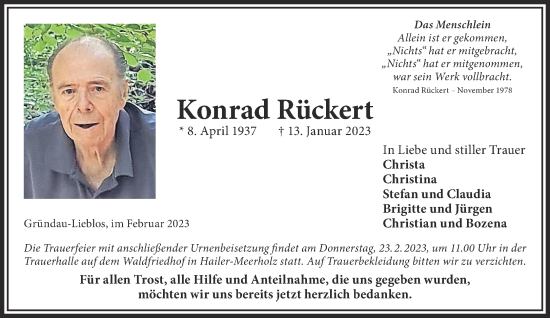 Traueranzeige von Konrad Rückert von Gelnhäuser Neue Zeitung