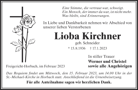 Traueranzeige von Lioba Kirchner von Gelnhäuser Neue Zeitung