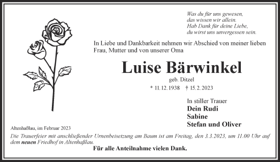 Traueranzeige von Luise Bärwinkel von Gelnhäuser Neue Zeitung