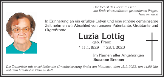 Traueranzeige von Luzia Lottig von Gelnhäuser Neue Zeitung