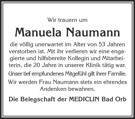 Traueranzeige von Manuela Naumann von Gelnhäuser Neue Zeitung