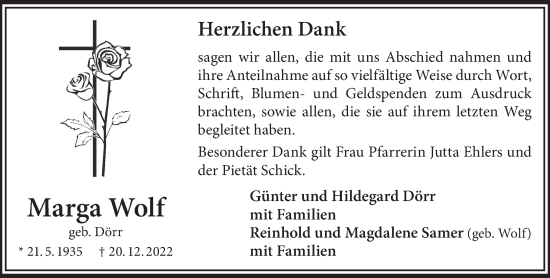 Traueranzeige von Marga Wolf von Gelnhäuser Neue Zeitung