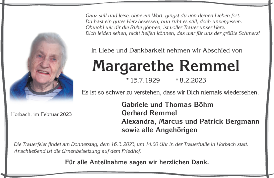 Traueranzeige von Margarethe Remmel von Gelnhäuser Neue Zeitung