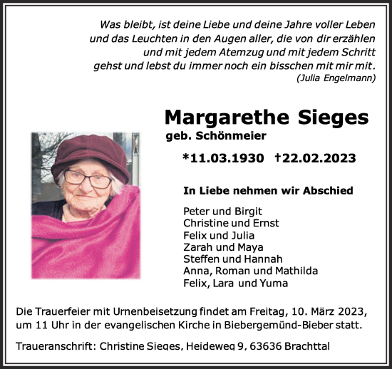 Traueranzeige von Margarethe Sieges von Gelnhäuser Neue Zeitung