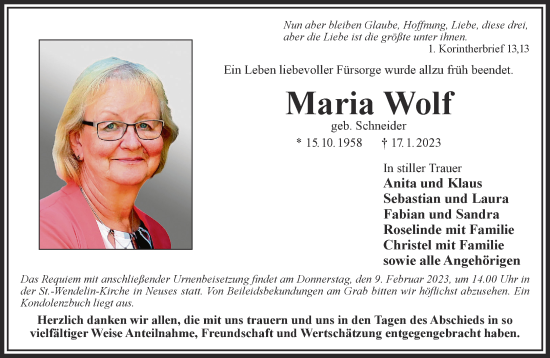 Traueranzeige von Maria Wolf von Gelnhäuser Neue Zeitung