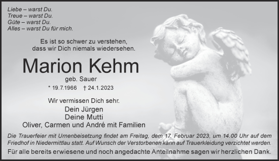 Traueranzeige von Marion Kehm von Gelnhäuser Neue Zeitung